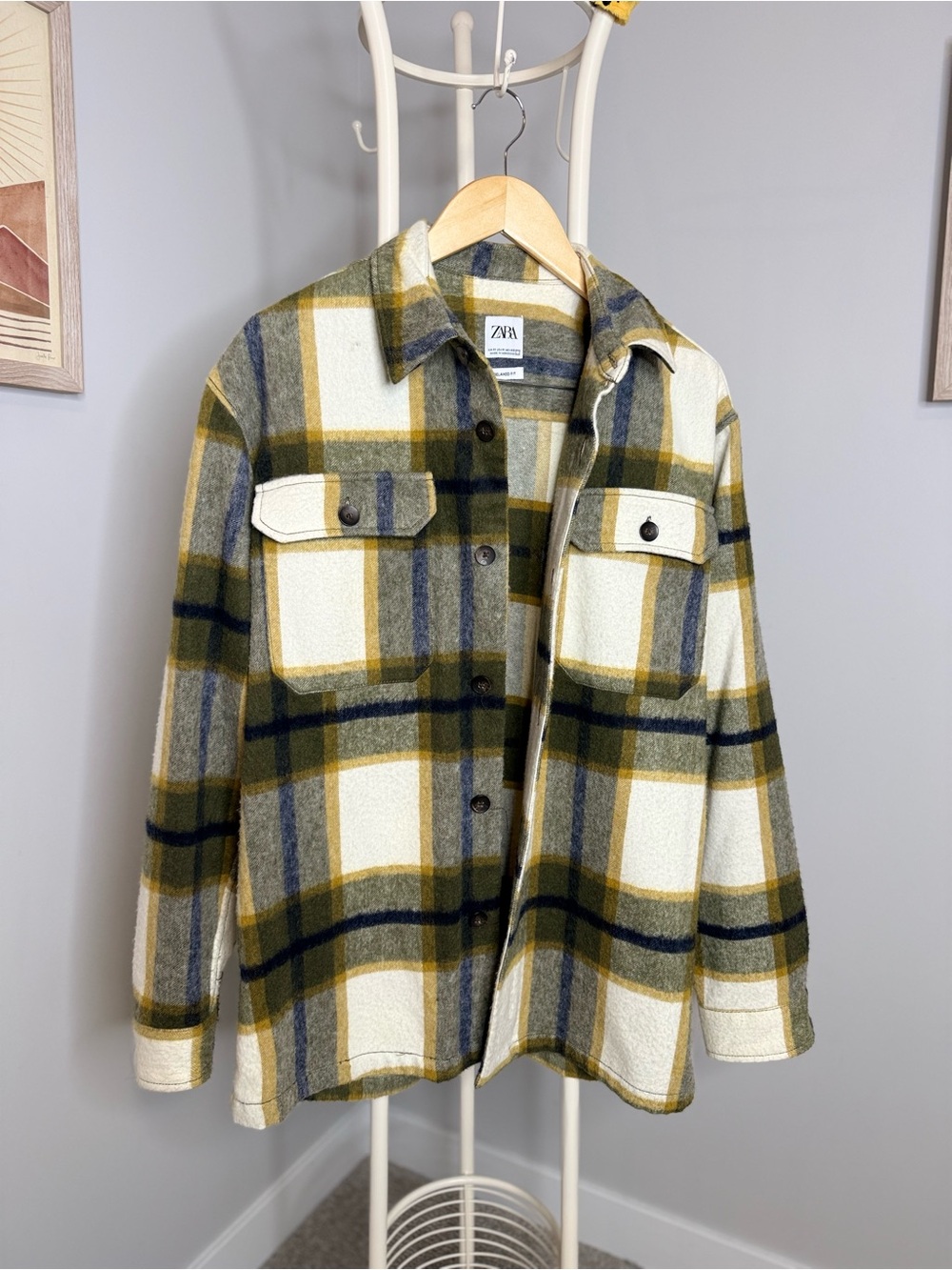 Zara Men's Olive & Cream Plaid Shirt Jacket